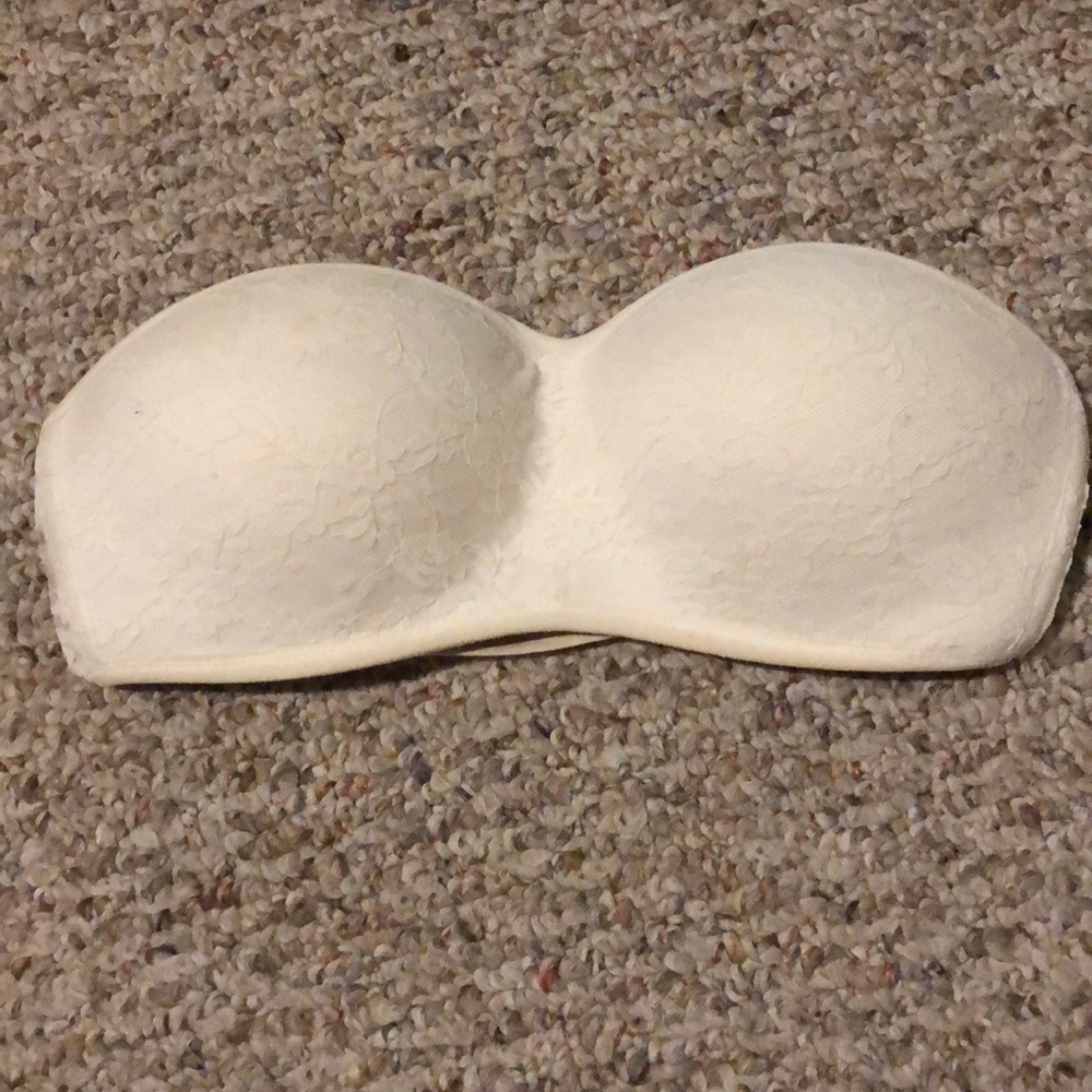 Pink! White lace strapless bra
